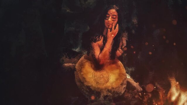 beautiful shamanic girl playing on shaman frame drum in the nature. Painting effect.