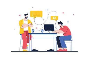 Programming concept with people scene in the flat cartoon style. Manager explains to a young programmer how to correctly write code for a program. Vector illustration.