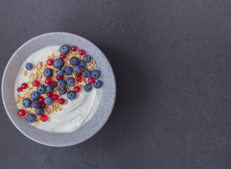 yogurt with blueberries, cranberries and granola on a dark background, greek yogurt, healthy breakfast. Copy space.