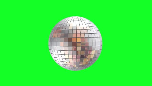 Seamless loop 3d animation  of silver disco ball, isolated on green background. Chroma Key. 