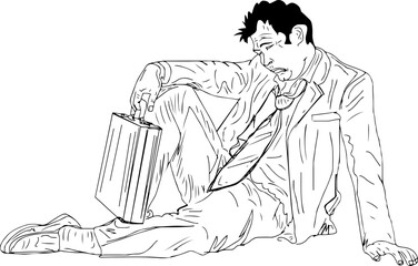 Bankrupt man sitting on street holding briefcase line art vector, Professional man after money loss sitting on land in sad pose sketch drawing, cartoon doodle of man sitting in angry pose after financ