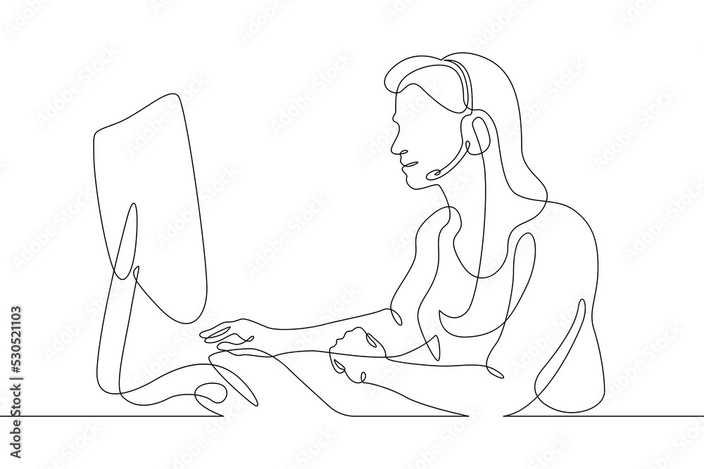 Poster one continuous line.call centre.woman call center operator. handling calls and messages. operator wi