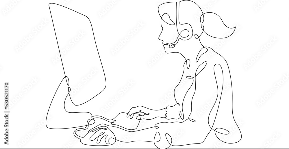 Poster one continuous line.call centre.woman call center operator. handling calls and messages. operator wi