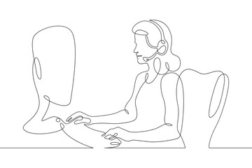 One continuous line.Call centre.Woman call center operator. Handling calls and messages. Operator with phone and computer. Manager in headphones with microphoneOne continuous line is drawn on a white 