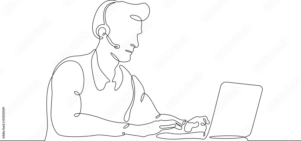 Poster one continuous line.call centre.male call center operator. handling calls and messages. operator wit
