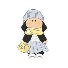 Cute textile doll girl. A child toy. Sewn toy. A collectible doll. Interior doll. The doll's drawing is perfect for the avatar of craftswomen, business cards, tags, box design, coloring books and more
