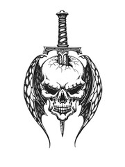 Winged Devil Skull Impaled on Dagger. Print or Tattoo Design. Vintage Hand Drawn Vector Illustration