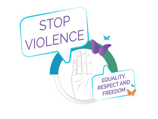 International day of nonviolence, hand indicating stop and text with stop violence and the words equality, respect and freedom, on white background.