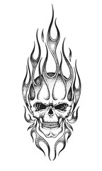Burning Skull with Tongues of Fire. Print or Tattoo Design. Vintage Hand Drawn Vector Illustration