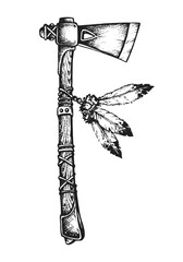 Native American Warrior Tomahawk Battle Axe Decorated with Feathers. Print or Tattoo Design. Vintage Hand Drawn Vector Illustration