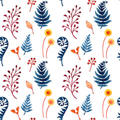 Fototapeta na wymiar Watercolor seamless pattern with forests elements. Magic wild plants. Hand drew illustration. Isolated on transparent background. 