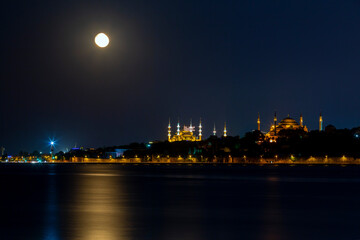 Blue Mosque and Hagia Sophia, night view of the moon and Yakamoz