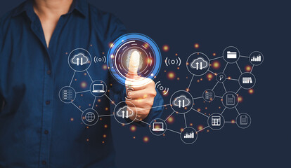 A young man in a blue shirt scans a fingerprint biometric identity to access personal data