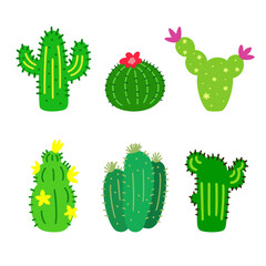 A set of different cactus in cartoon style on a white background.