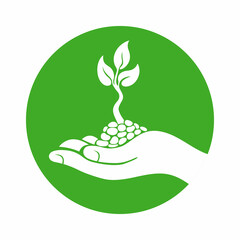 Round emblem with a silhouette of a hand and a tree sprout on a white background.