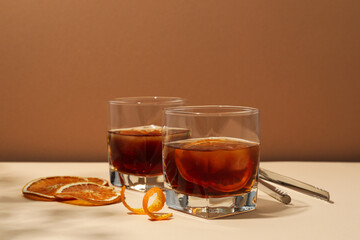 Concept of delicious alcohol drink, Whiskey with orange
