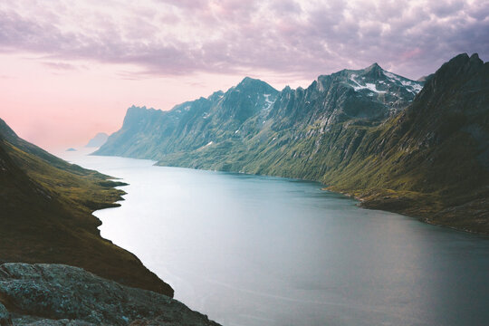 Norway landscape fjord and mountains aerial view beautiful scandinavian northern nature sunset scenery