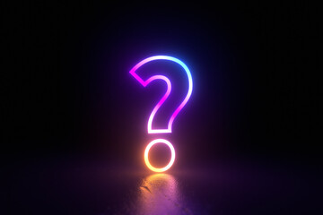 Question mark character neon light black background isolated reflection illustration 3d render