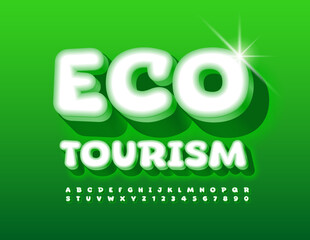 Vector creative banner Eco Tourism. White and Green 3D Font. Artistic Alphabet Letters and Numbers.