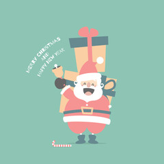 merry christmas and happy new year with cute santa claus and gift present and bell in the winter season, flat vector illustration cartoon character costume design