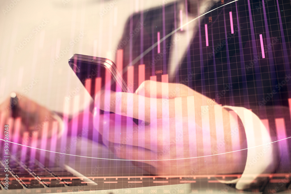 Poster multi exposure of man's hands holding and using a digital phone and forex graph drawing. financial m