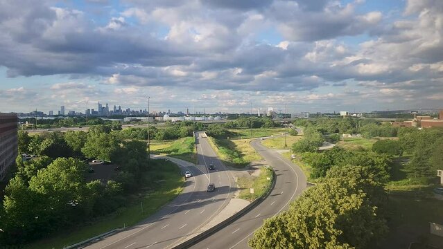 Aerial view of PA-291 and interstate 95 looking towards Philadelphia