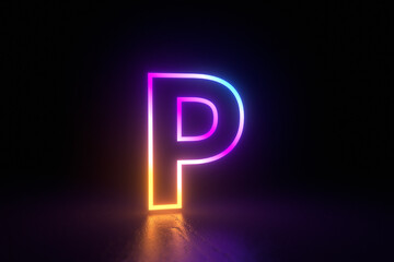 p letter character neon light black background isolated reflection illustration 3d render - obrazy, fototapety, plakaty