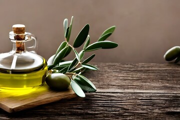 Olive branch and a green olive near a jar of olive oil on a wooden table