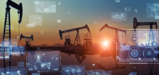 Oil fields and technology. Wide image for banners, advertisements. - obrazy, fototapety, plakaty