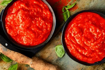 Top view of small bowls of fresh tomato paste