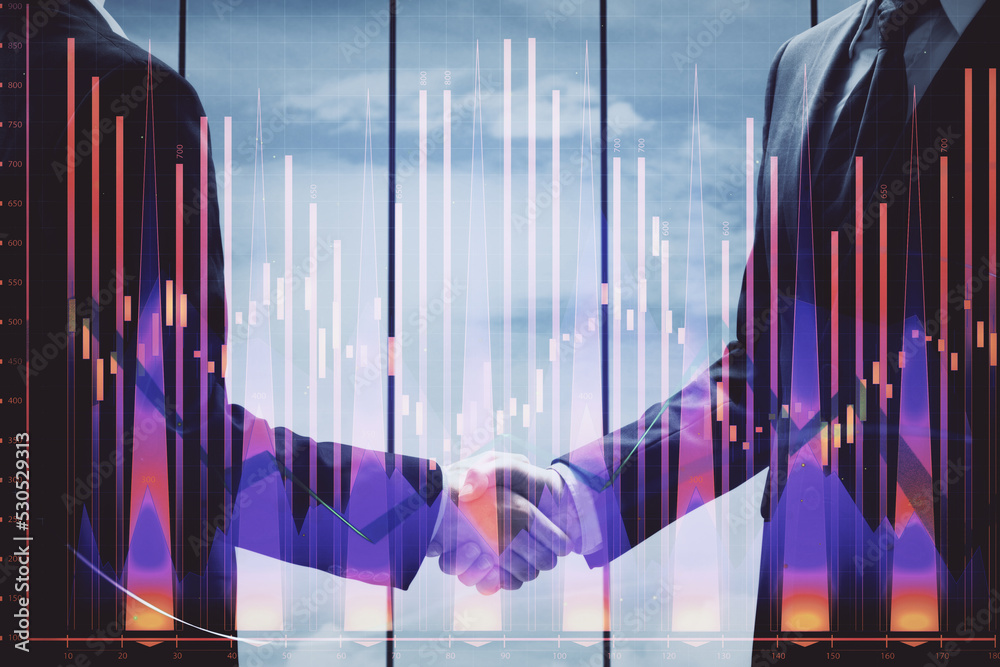 Poster double exposure of forex graph hologram and handshake of two men. stock market concept.