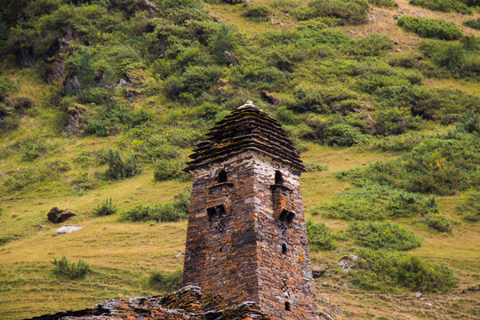 Village Dartlo, landmark and old buildings, Tusheti, Georgia.