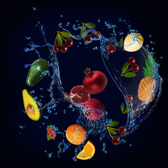 Obraz na płótnie Canvas Wallpaper with fruits in water - juicy avocado, pineapple, pomegranate, cherry, orange, raspberry the main part of medical diets