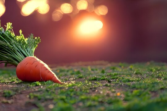 Selective focus shot of a fresh harvest carrot on a ground during sunset