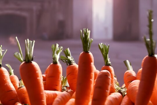 Selective focus shot of fresh harvest carrots in a farm