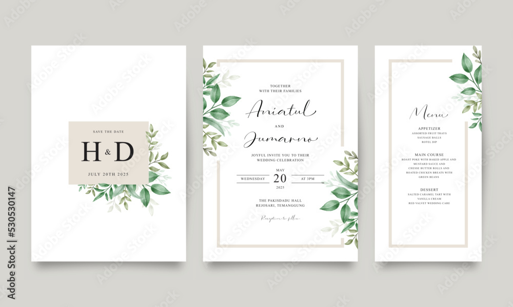 Wall mural set of elegant wedding invitation templates with green leaves