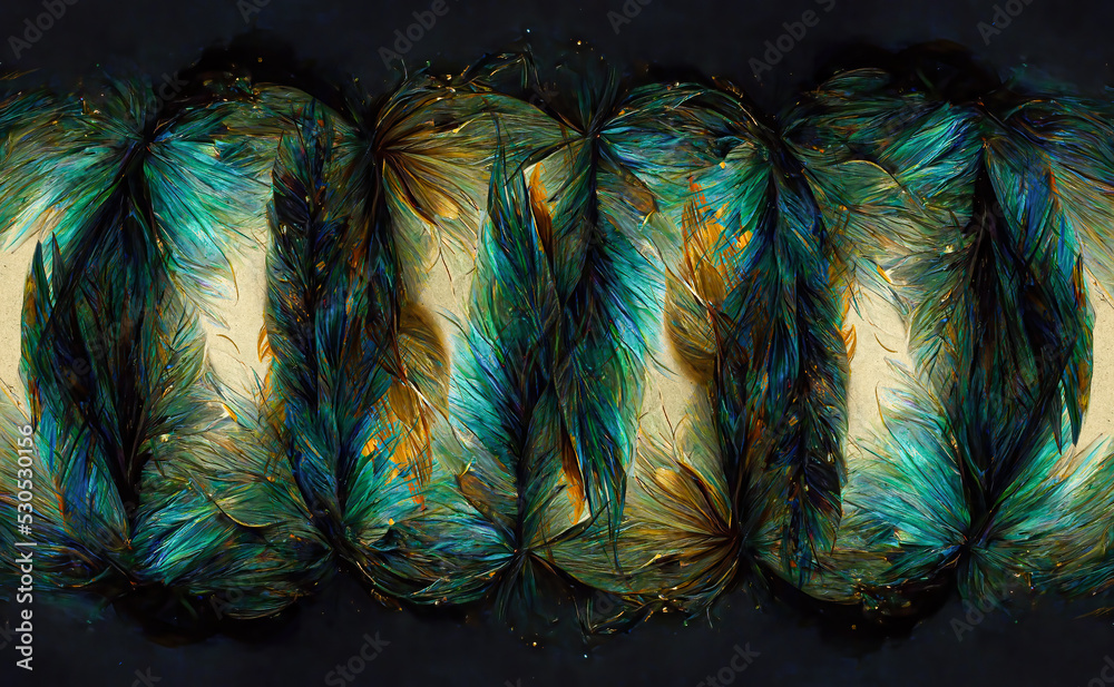 Poster beautiful multicolored bird feathers in cosmic space.