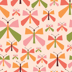 Cut out funny insects butterfly seamless pattern. Summer butterfly pastel background. Cute scandinavian moths. Collage moth texture. Vector modern background. Flying butterfly geometric illustration.