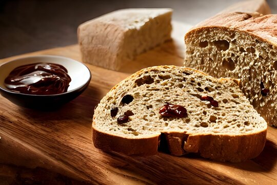 Closeup Of A Slice Of Lean Bread With A Chocolate Dessert In A Ramekin On The Wooden Board