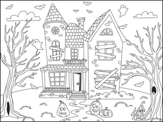 Halloween background with Haunted house outlined for coloring page