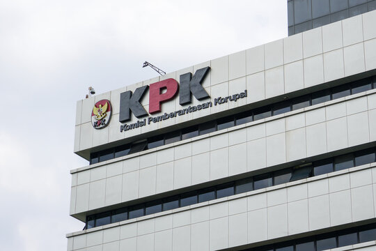 Jakarta, Indonesia - August, 2022 : The central building of the Corruption Eradication Commission or KPK with a signboard symbol attached to the wall of the building.