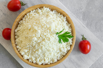Turkish traditional homemade cottage curd cheese in bowl, healthy dairy product