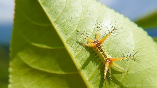 Closeup shot of a slug moth (Limacodidae) on a green leaf