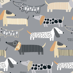 Cute dachshund pattern. Hand drawn seamless texture with dogs. Vector illustration - 530531346