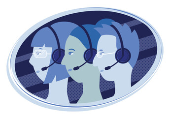 Call center operators at work, receiving calls from users, working with requests vector illustration