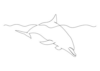 Continuous line drawing of dolphin with the ocean. Minimalism art. © doraclub