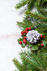 Fototapeta na wymiar Fir tree branches decorated with red natural hawthorn berries and cone colored in white color on bright painted background. New Year and Christmas concept. Top view, close up, copy space