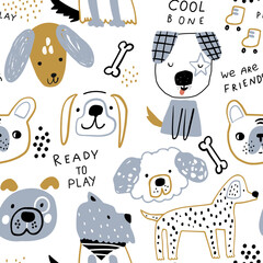 Seamless pattern with creative dog characters. Childish funny puppy texture. Vector illustration - 530531553