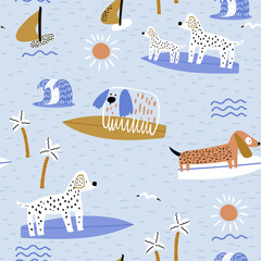 Seamless summer pattern with cute dogs on surfboard. Childish texture with funny pets on the beach. Vector illustration