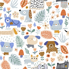 Seamless pattern with cute dogs and florals. Childish funny puppy texture. Vector illustration